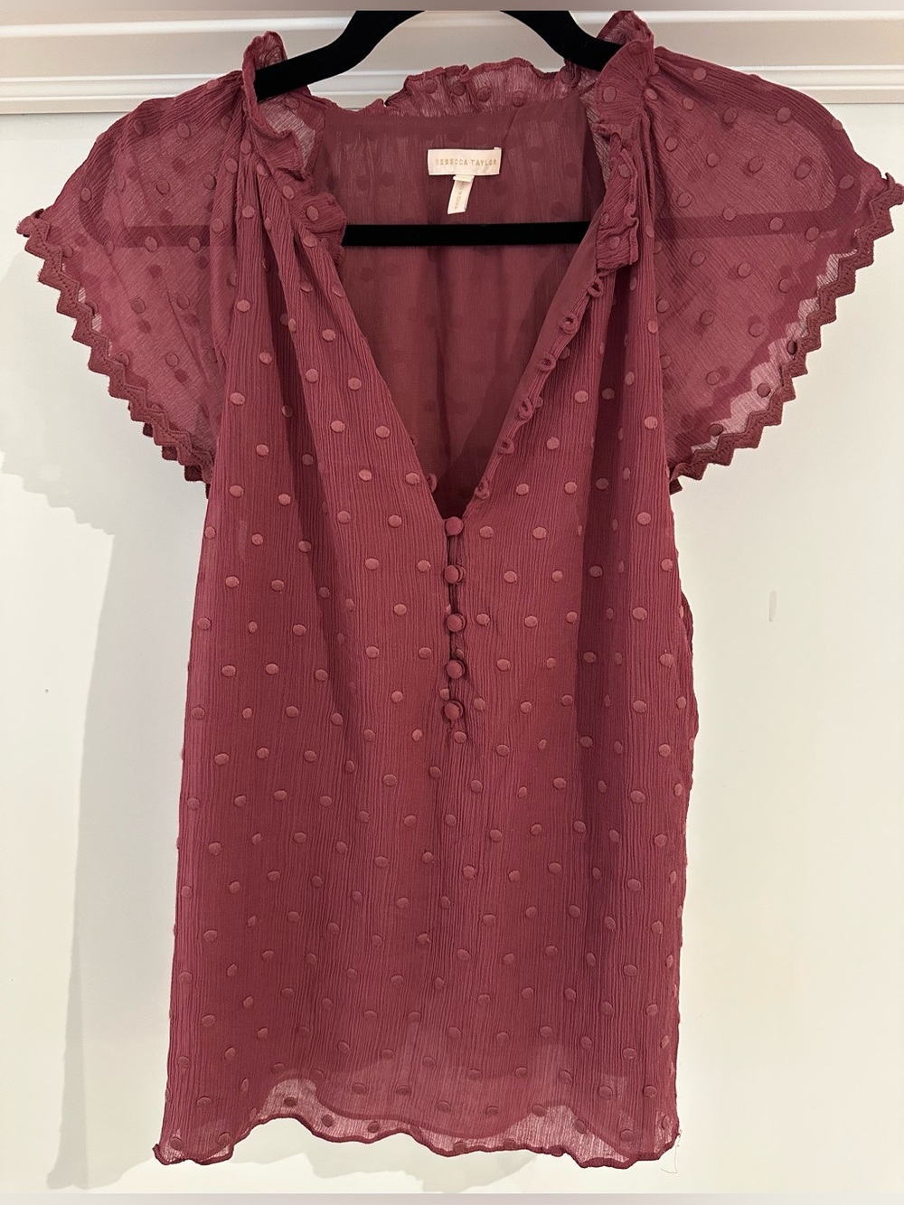 Rebecca Taylor Silk Cotton Swiss Dot Ruffle Blouse Mauve Size Large